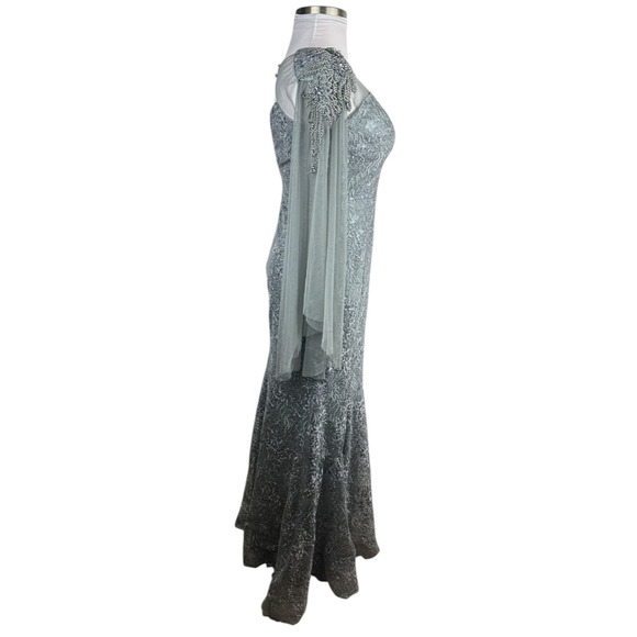 Dekolte Beaded Lace Sequin Evening Gown Mermaid Illusion Cape Sleeve Formal 42 - Picture 8 of 16